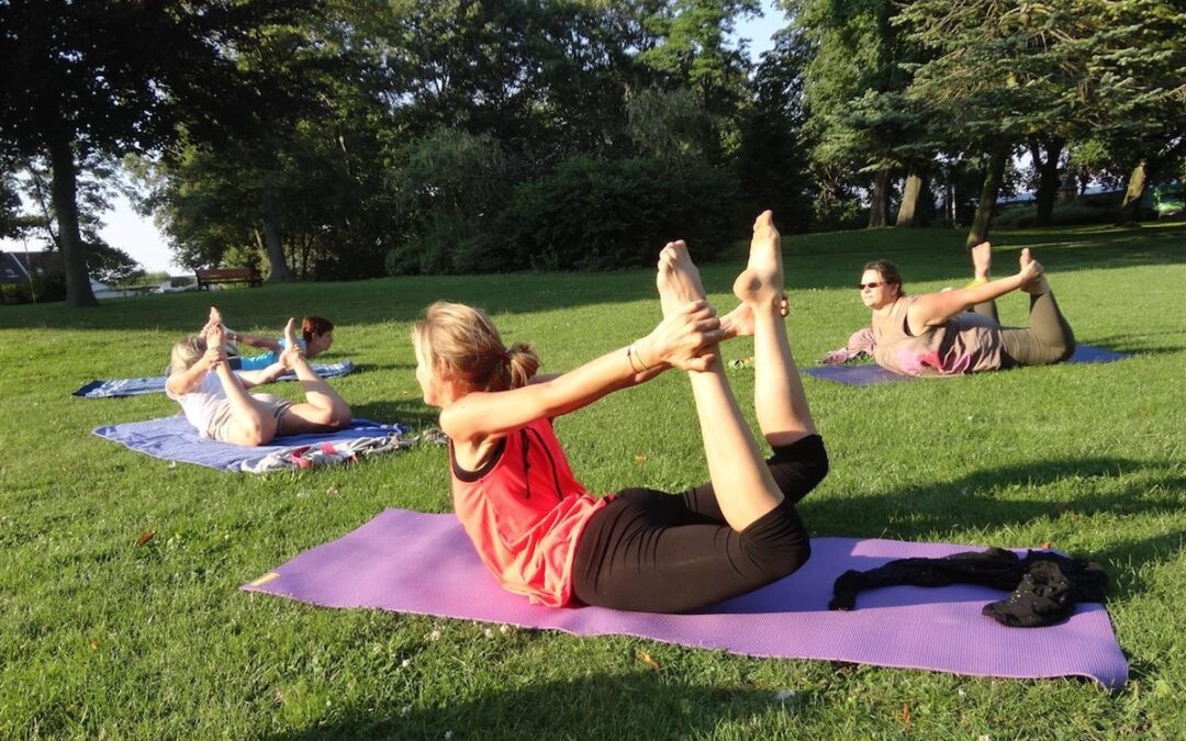Femmes faisant du yoga dans un parc